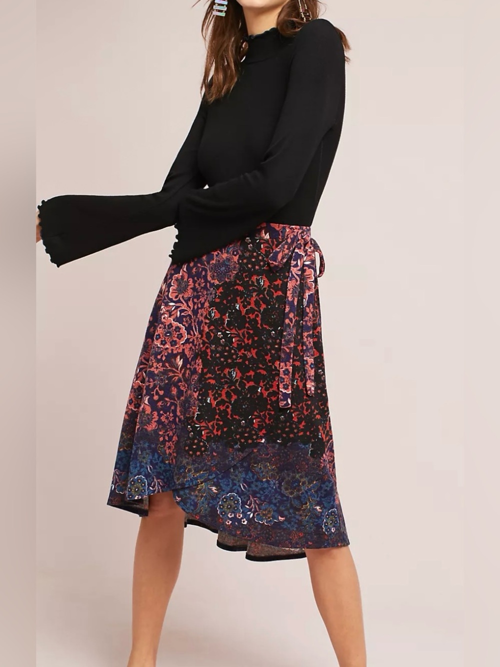 Maeve Black & Multi Asymmetrical Floral Faux Wrap Skirt - Size XS NWT